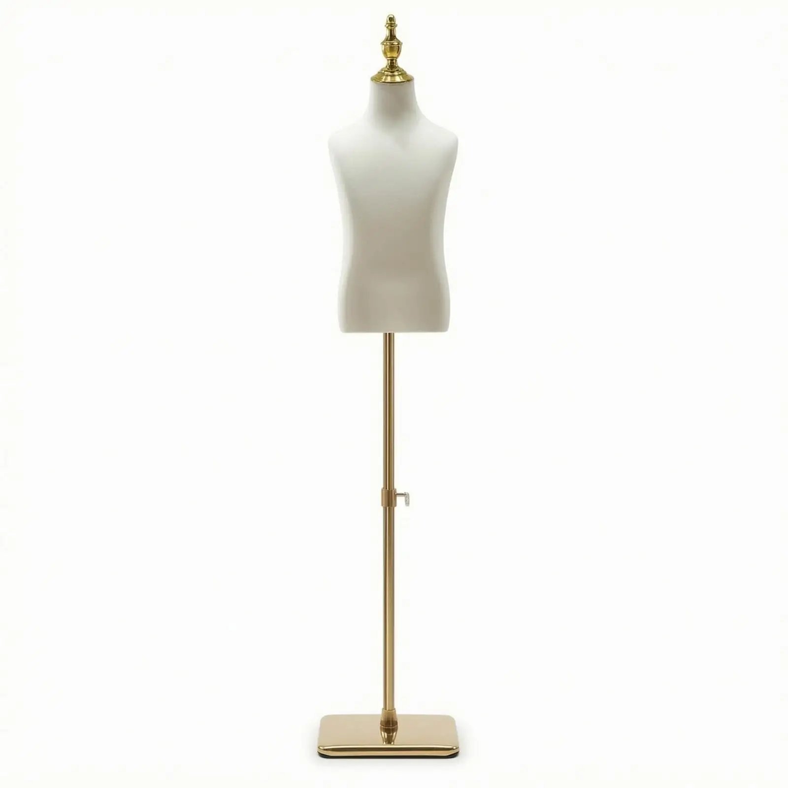 Adjustable Kids Mannequin Form White Fabric Covered Torso with Metal Base Gold Accent Child Apparel Display Stand for Retail