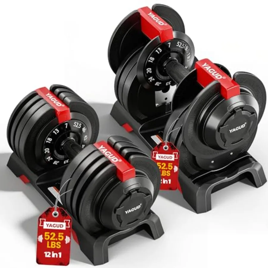 Adjustable Dumbbell Set of 2 52.5 lbs Weights 1 Hand Rotation Safety Lock System Anti-Slip Textured Handle Space-Saving Dumbbel