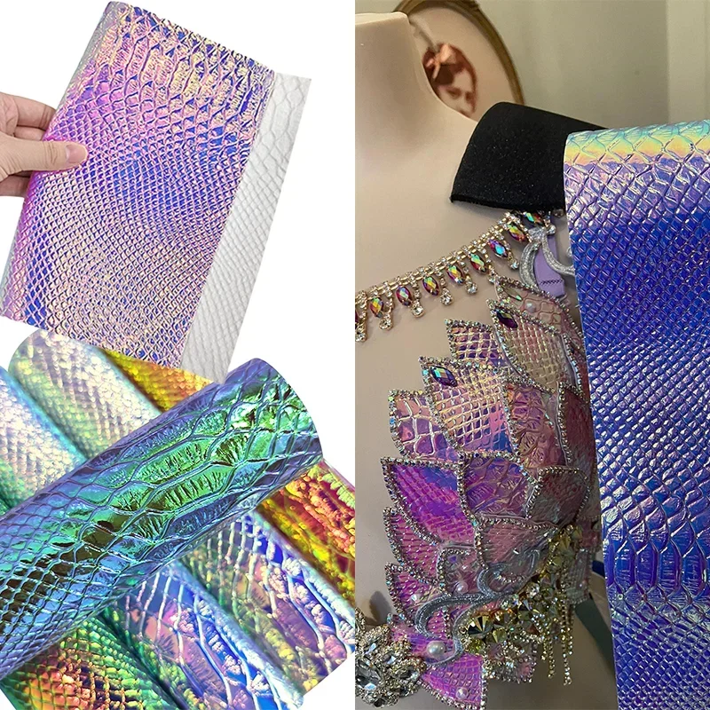 Snake Skin Grain Embossed PU Leather Fabric Holographic Faux Leather Sheets for Making Bag/Decoration/Earring/Shoe/Craft