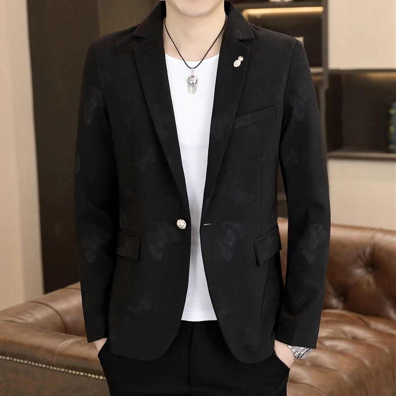 

Casual Thin Men's Spring Autumn Faionable Youth Suit Jaet Stand Fit Long Sve Geometric Pattern One Button Decorated