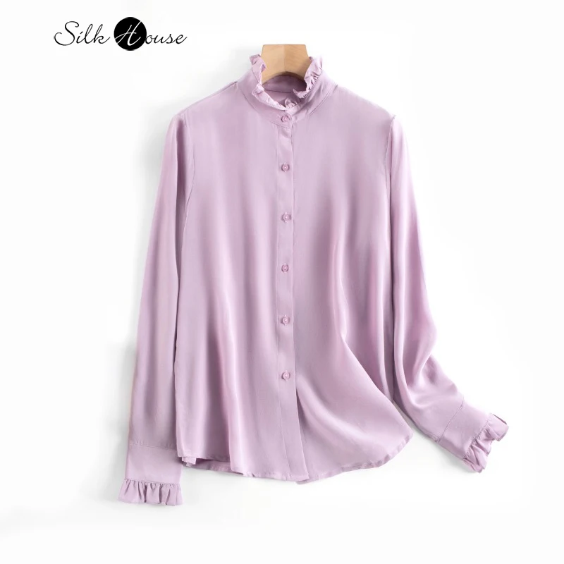 

Palace Style Design 100% Natural Mulberry Silk 03 Crepe De Chine French Commuter Long Sleeved Pink Purple Shirt