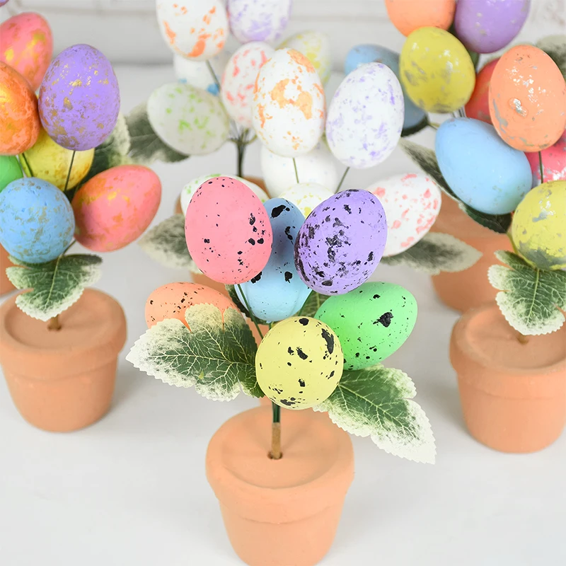 Artificial Easter Flower Pot 6 Pcs Easter Eggs and Green Leaves Decorative Speckled Easter Foam Egg for Spring Easter Decor