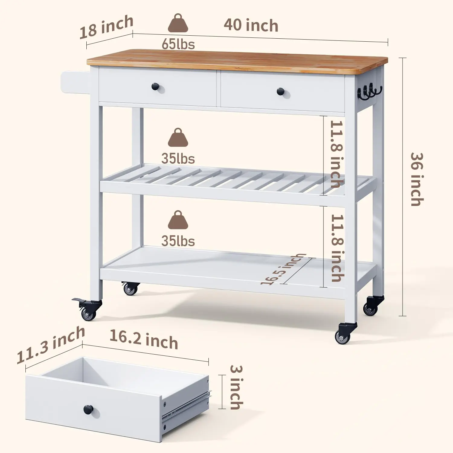 Kitchen Island Cart on Wheels with 40'' Wood Tabletop | 2 Open Tiers Storage Shelves and Towel Rack, Rolling, Customized
