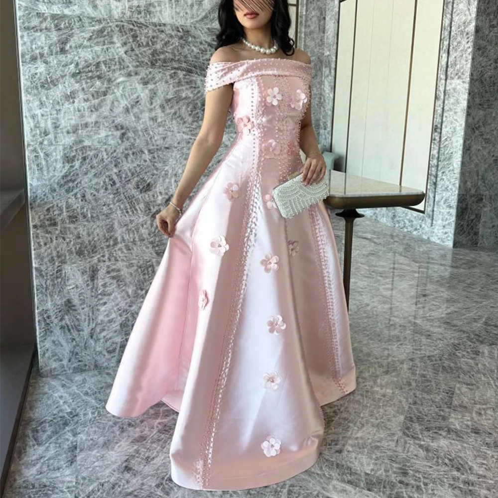 Charming Pink Satin Evening Dress Off the Shoulder Short Sleeves Women A-Line Floor Length with 3D Flowers Customized Gowns