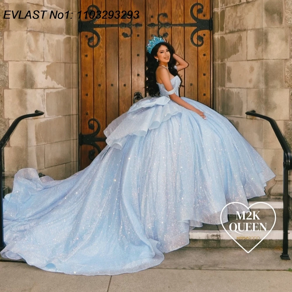 EVLAST Customized Shiny Blue Ball Gown Quinceanera Dress Glitter Applique Beading Tiered Sweet 16 Vestidos De 15 Anos E1QN184