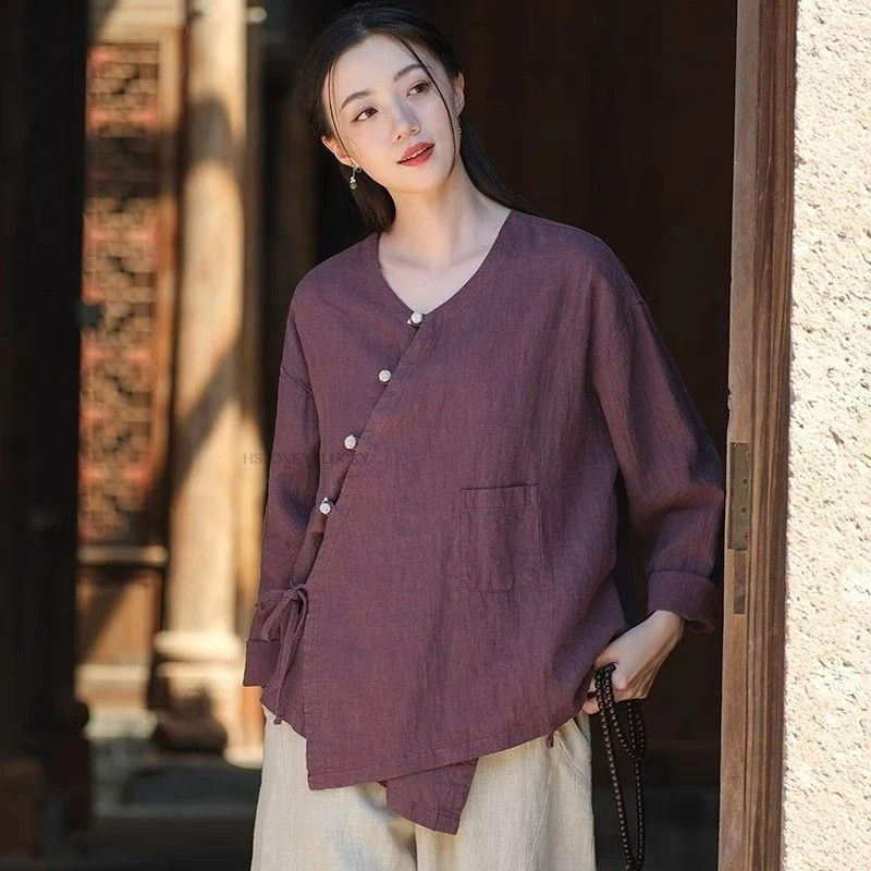 قميص مطرز من القطن والكتان الصيني القديم مع ياقة واقفة، بلوزة خضراء على الطراز الصيني بأكمام طويلة، قمة فنية للشاي #3