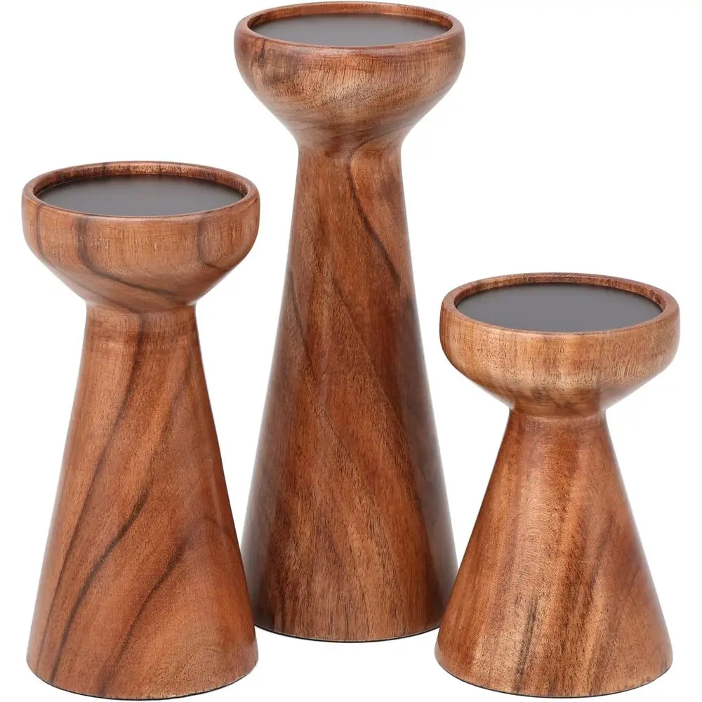 

Large Farmhouse Wooden Pillar Candle Holder Set - Natural Tiered Stand for Table Centerpieces and Mantel Decor
