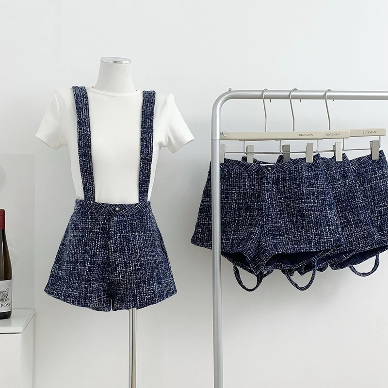 

Tweed Overall Shorts Women Fashion Zipper Fly Pocket Dark Blue Shorts Summer Hot Shorts Female