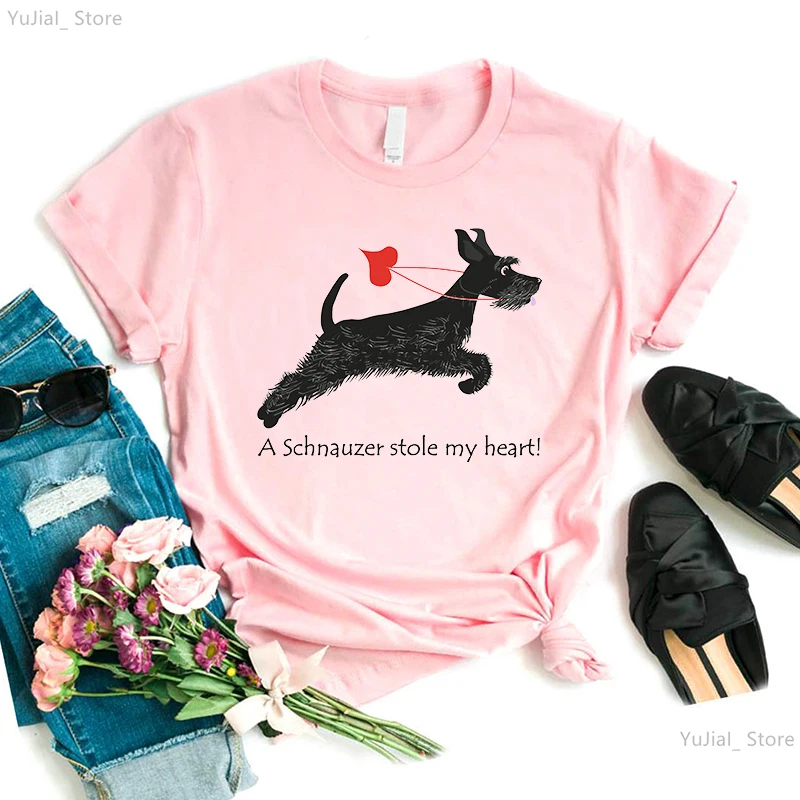 A Schnauzer Stole My Heart Graphic Print Tshirt Girls Harajuku Kawaii Dog Lover T Shirt Women Pink/Green/Gray/Yellow T-Shirt