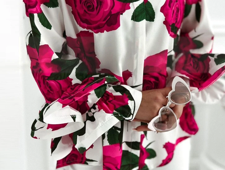 Camicia da donna con colletto rovesciato con stampa floreale, orlo con volant, manica lunga, camicetta casual, camicette stampate a fiori