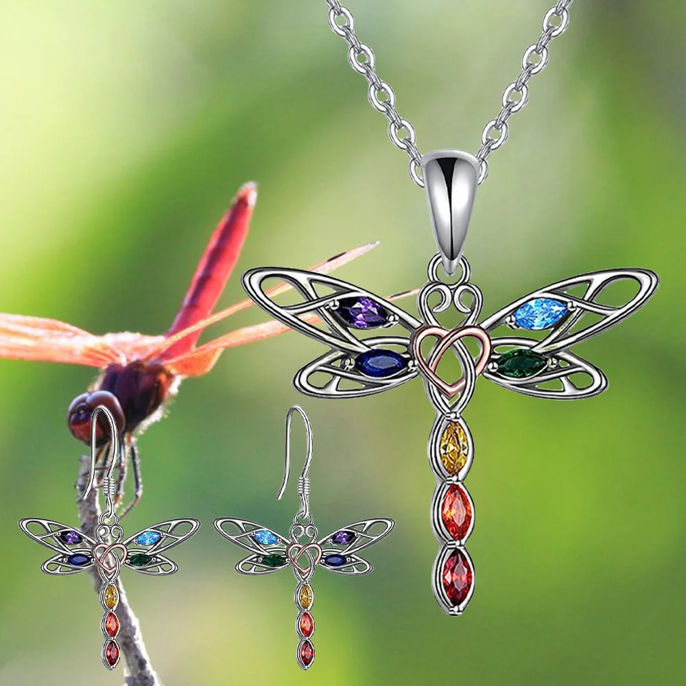 3pcs Fashion Exquisite Hollow Colorful Dragonfly Necklace Earrings Set Birthday Gifts Anniversary Party GiftsJewelry Niche Style