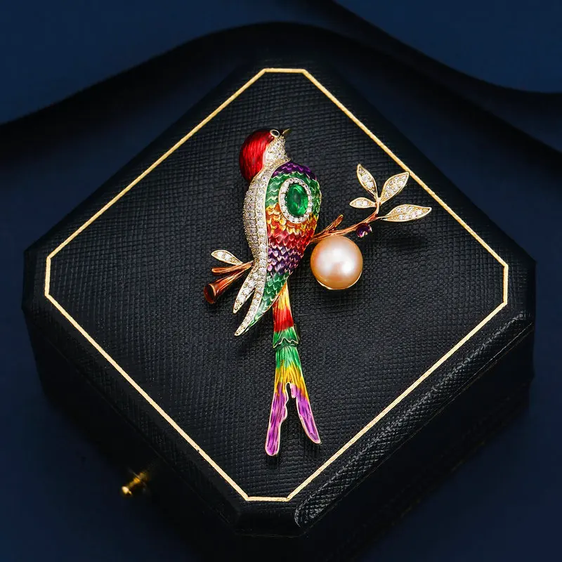 New Chinese Style Colorful Enamel Brooch for Cheongsam Dress Cardigan Pin Freshwater Pearl Bird Magpie Brooch