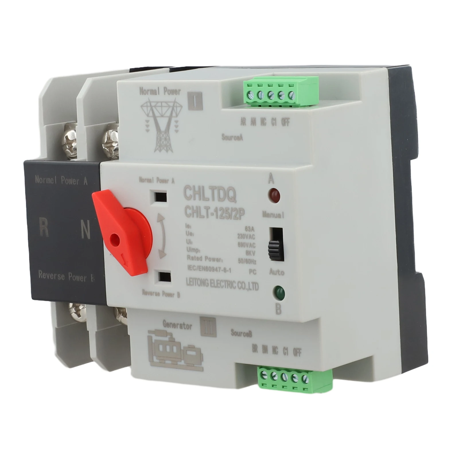 Dual Power Automatic Transfer Switch 2P 63A 230V AC Circuit Breaker With Manual And Automatic Modes For PZ30 Distribution Box