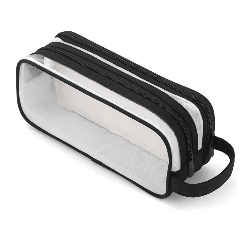 AA83 Grid Mesh Pencil Case 2 Compartment Pen Bags Clear Handheld Multifunction Pencil Pouch for Teen Students Black