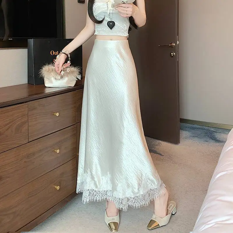 Femmes taille haute dentelle Satin jupes couleur unie été femme élégante enveloppé hanche jupes longues a-ligne dames mode Streetwear