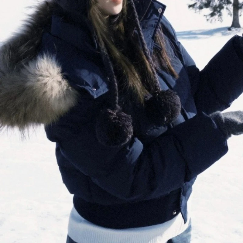 

Navy Blue Removable Hat Fur Collar Cotton Jacket Women's Winter New Short Down Jacket