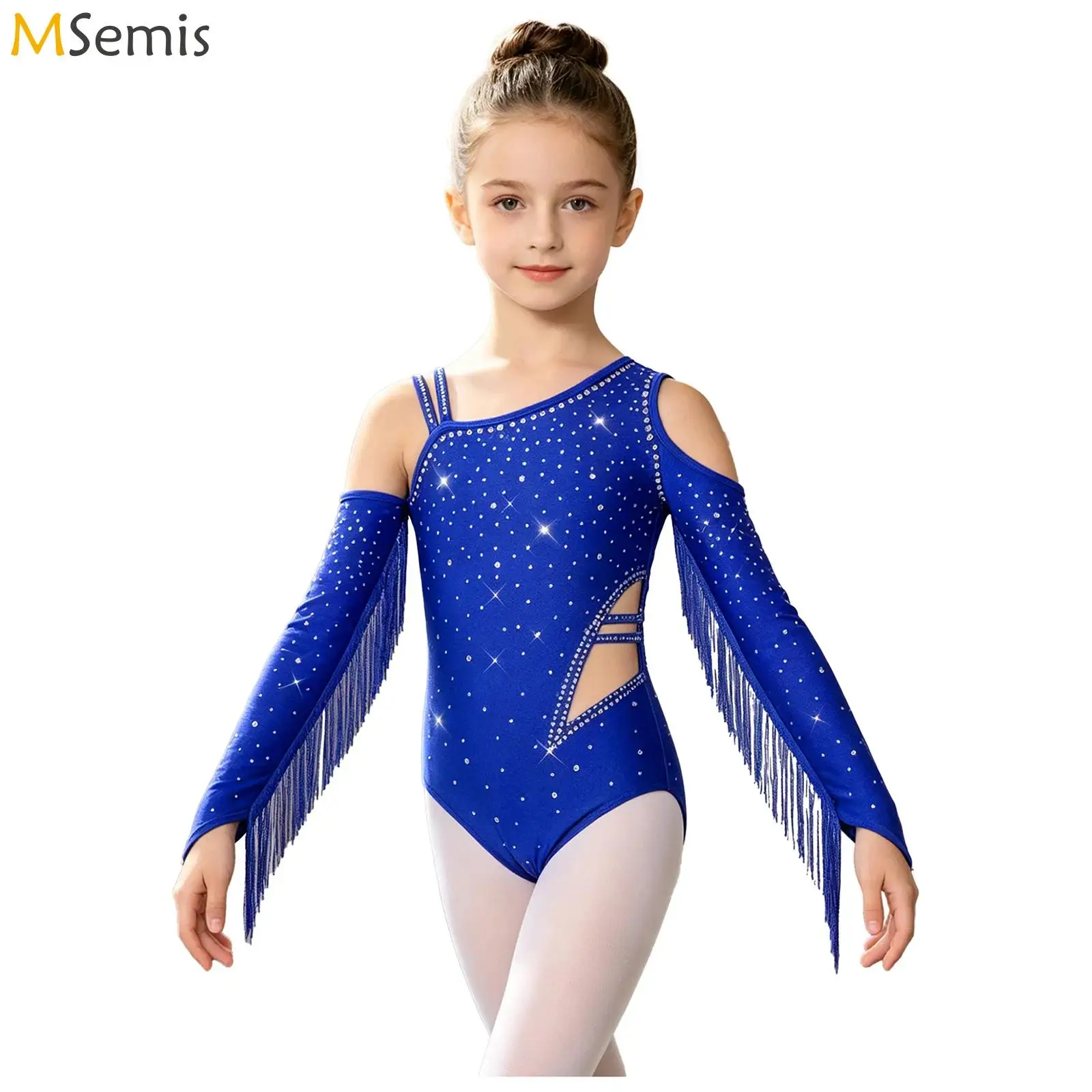 

Kids Girls Shiny Rhinestones Gymnastics Ballet Jersey Leotard Latin Dance Costume Tassels Long Sleeve Adorned Bodysuit Dancewear