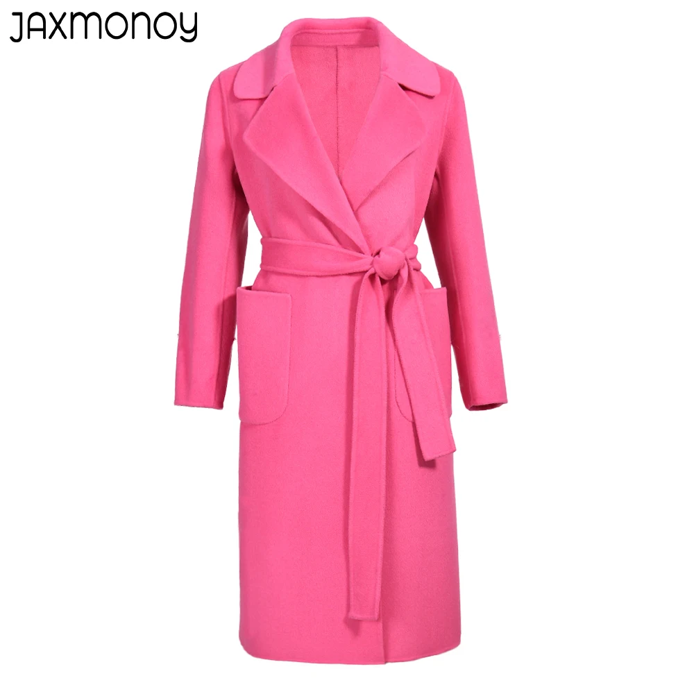 Jaxmonoy Women Cashmere Coat High End Elegance Double Faced Wool Long Trench Coat with Belt Pocket Full Sleevs Soild Color