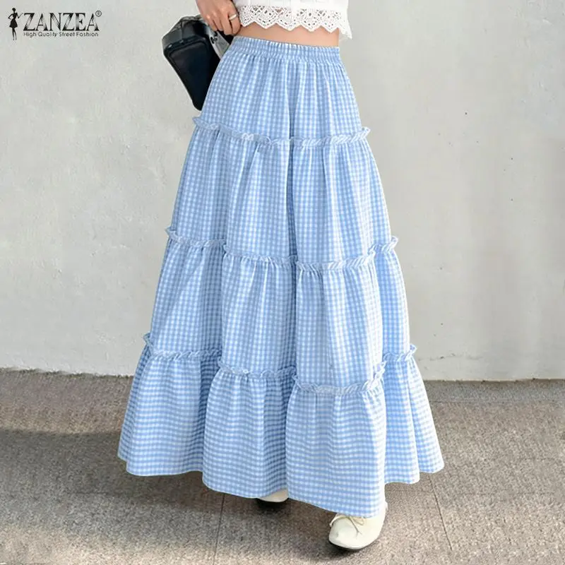 

Элегантная юбка с рюшами ZANZEA, женские летние юбки в клетку, повседневные юбки А-силуэта с эластичной талией, стильные праздничные юбки-миди больших размеров