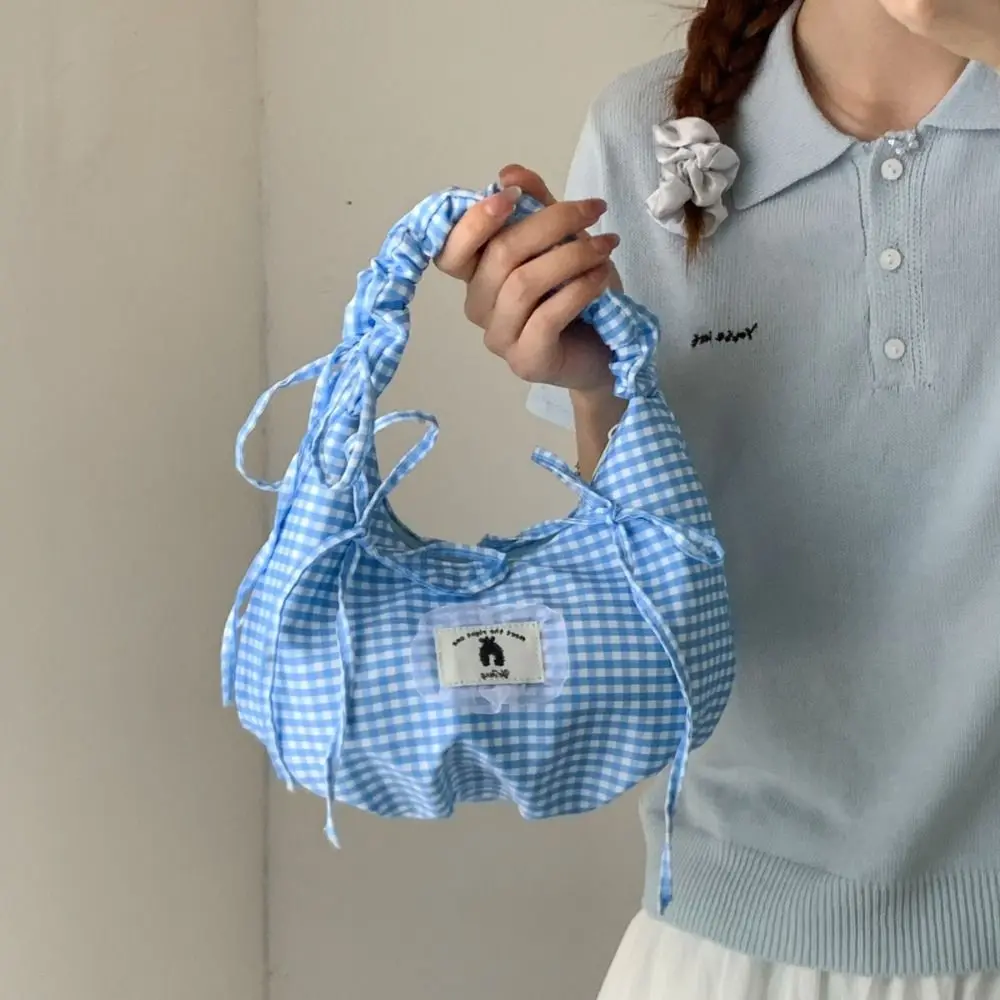 

Casual Y2k Bow Shoulder Bag Ruffles Leisure Plaid Armpit Bag Pleated Commuting Underarm Bag Spring Summer