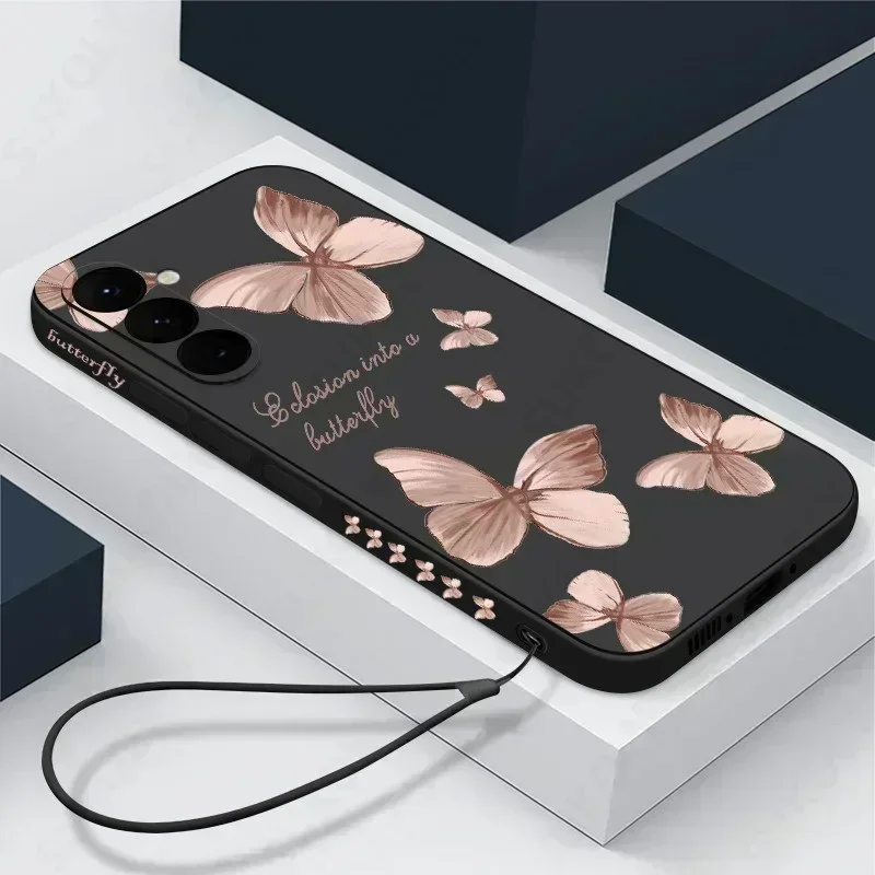 Butterfly Pattern Hand Lanyard Case For Samsung Galaxy S22 S23 S24 Ultra S21 S20 S23 FE A52 A53 A54 5G Soft Silicone Phone Cover