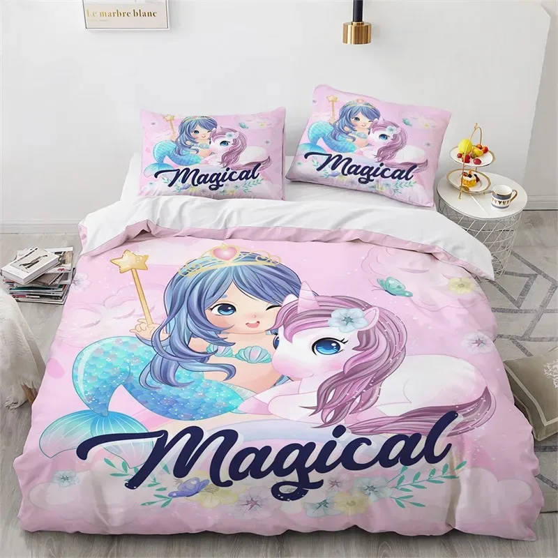 Cartoon Unicorn Flying Horse Bedding Set Boys Girls Twin Queen Size Duvet Cover Pillowcase Bed Kids Adult Home Textileextile