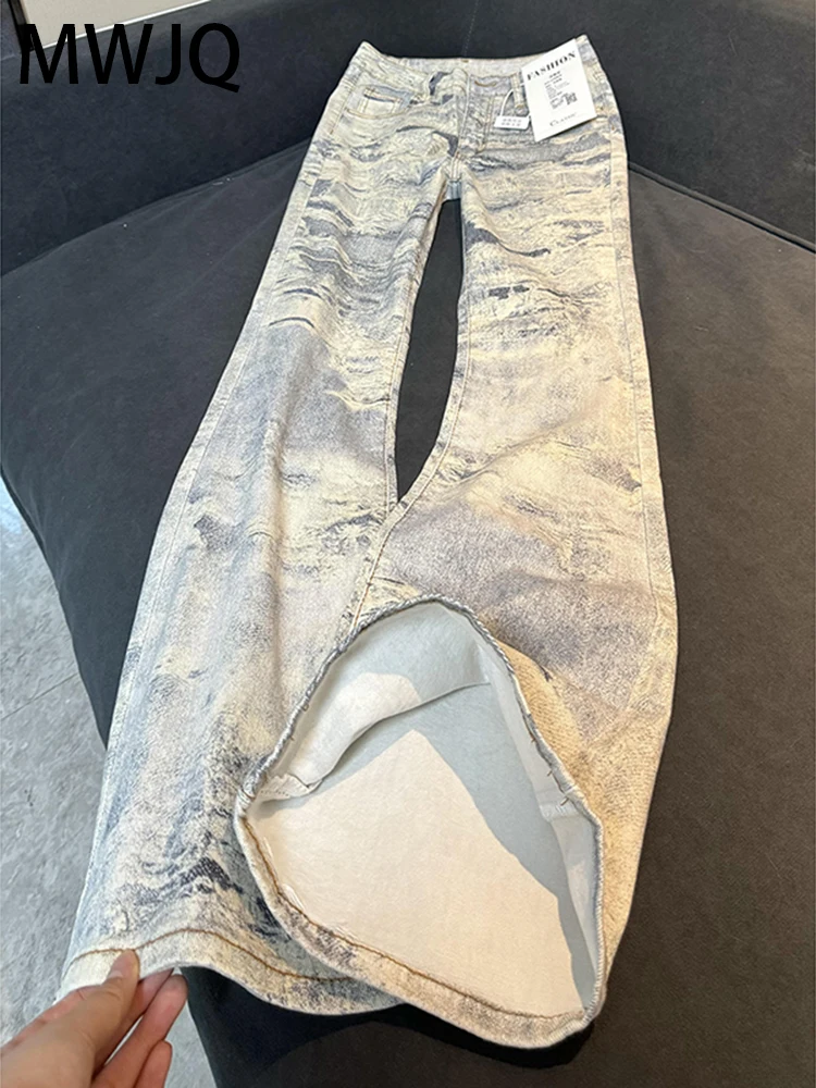 

MWJQ Europe Hiphop Jeans Men's American High Street Die Dye Design Worn-out Male Boot Cut Denim Trousers Summer New 2025 010167
