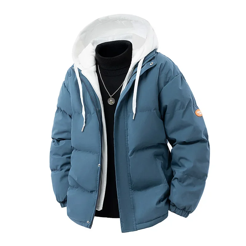 2025 masculino quente parkas casual algodão-acolchoado jaqueta de inverno na moda falso de duas peças com capuz pão algodão-acolchoado jaquetas casacos