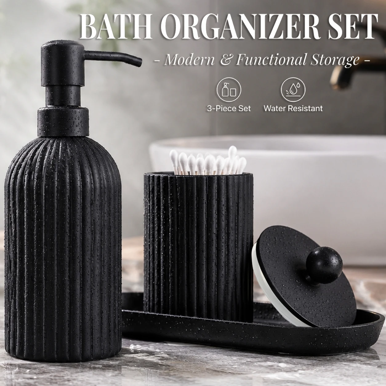 3pcs/set Bathroom Accessories Set, Farmhouse Organizer with Soap Dispenser, Qtip Jar and Tray for Bathroom Sink