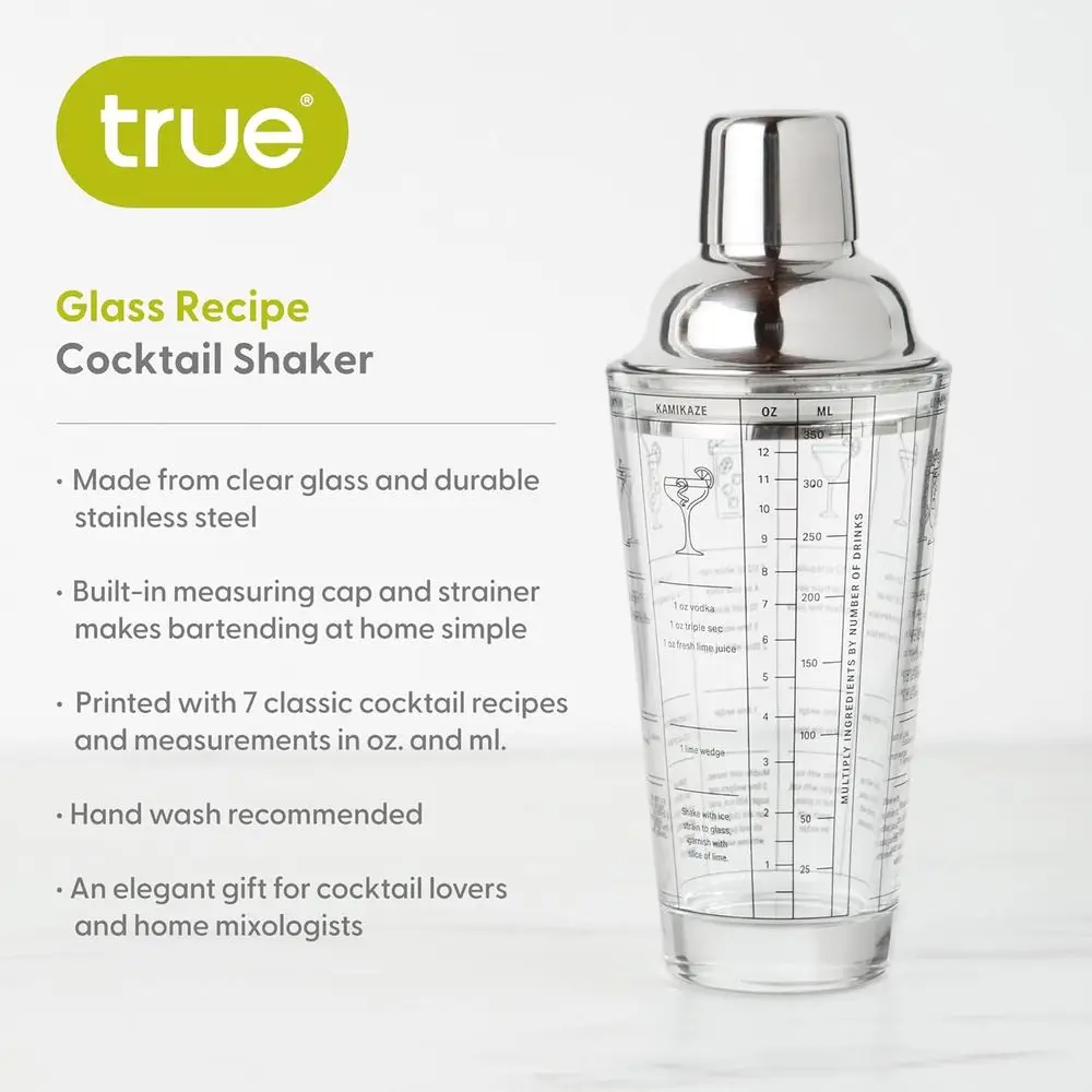 13.5 oz Clear Glass Cocktail Shaker with 7 Classic Drink Recipes & Home Bar Essentials