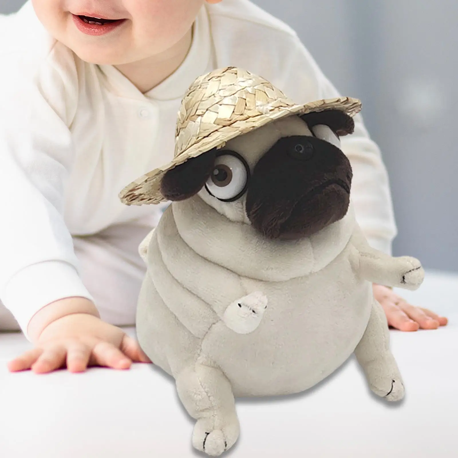 Funny Animated Stuffed Animal with Straw Hat Pug for Couch Home Children Toy