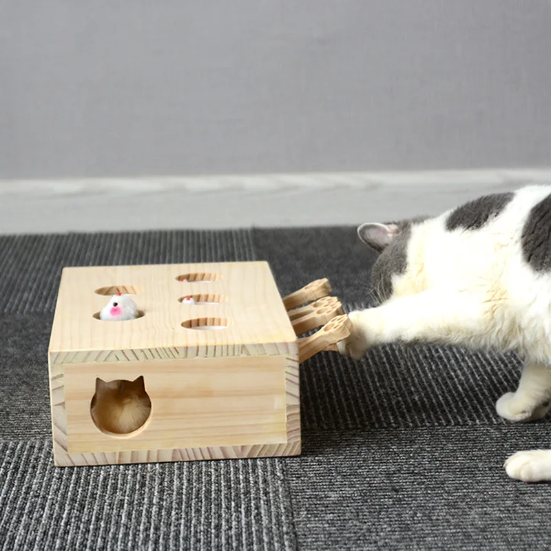 

Wooden Cats Interactive Toy Chase Hunt Mouse with Scratcher Funny Cat Stick Cat Hit Gophers Maze Tease Toy Interactive Maze