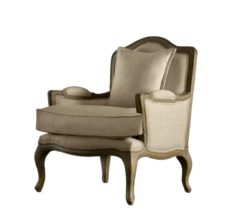 

French country retro solid wood sofa American RH linen furniture leisure chair, American simple villa tiger chair