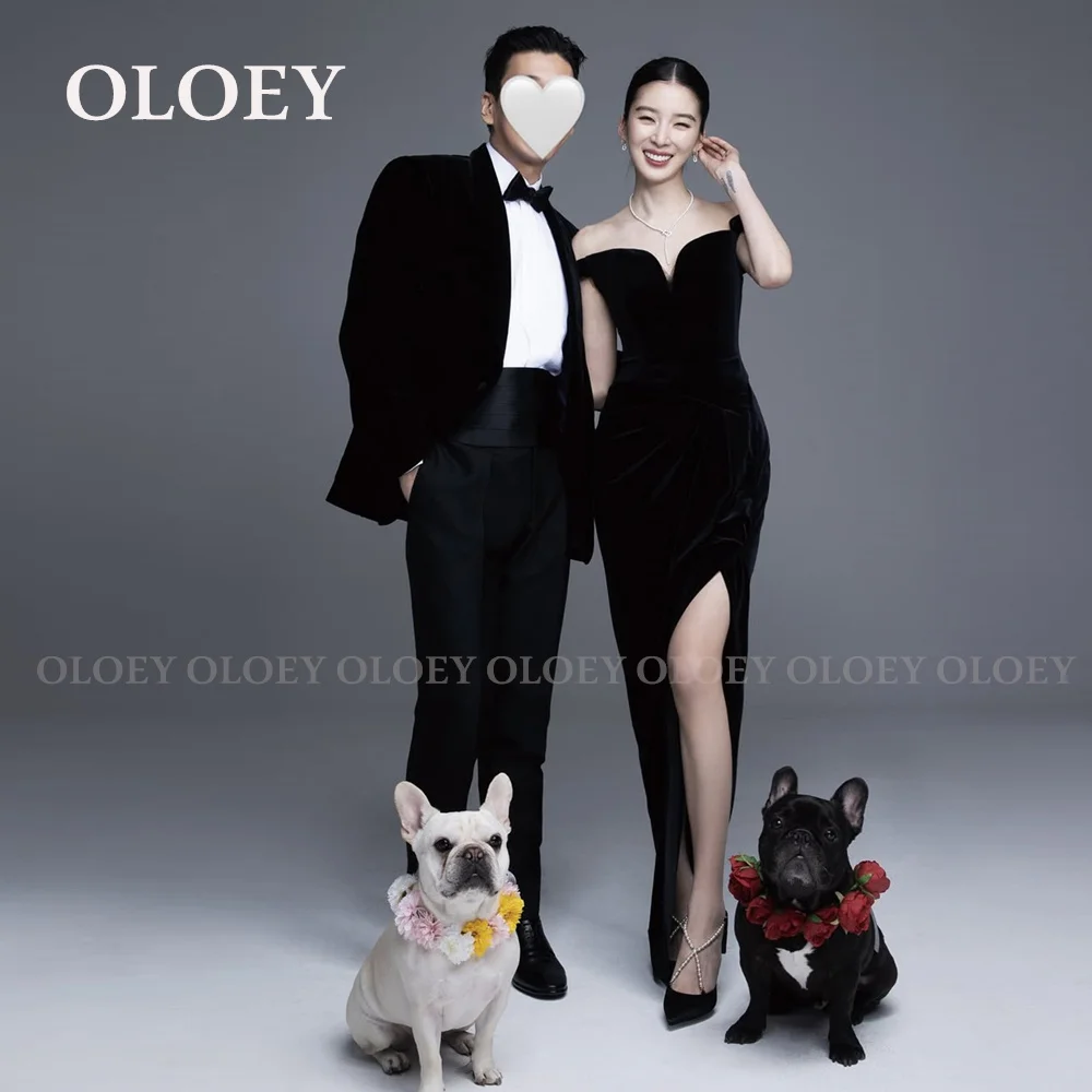 

OLOEY Elegant Black Velvet Mermaid Prom Dress Korea Photo Shoot Sweetheart Neck Side Slit Wedding Party Gown Customized