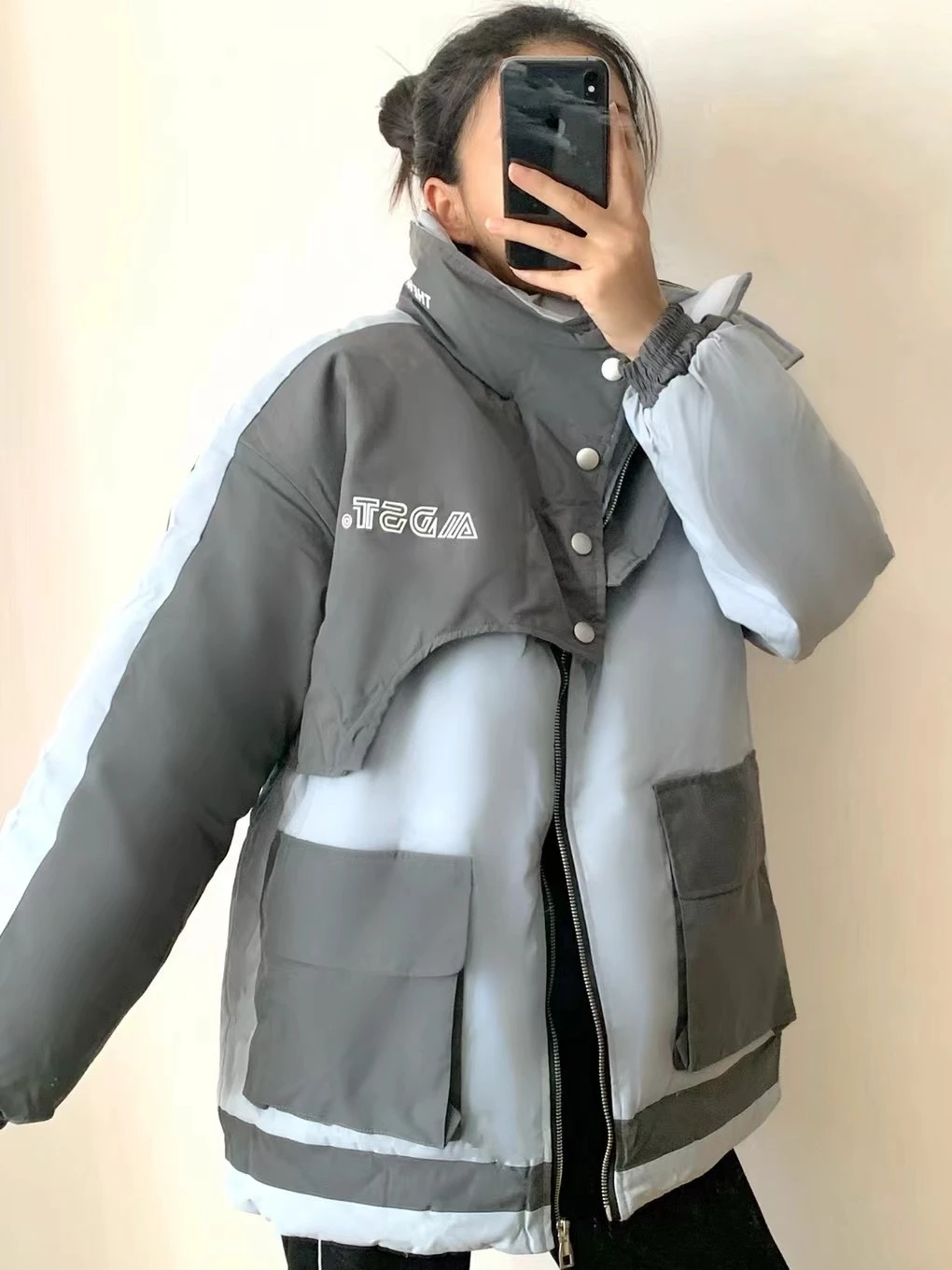 

Thiened Workwear Sle Patchwork Color Casual Cotton Jaet Long Coat for Men And Women Autumn Winter Stand Collar Street S...