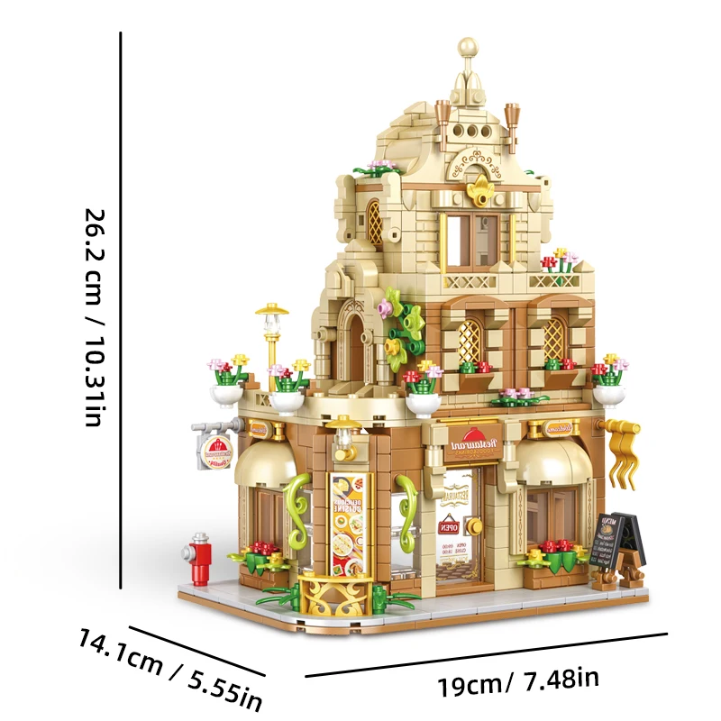 مدينة شارع عرض سلسلة مطعم اللبنات منزل نموذج متجر العمارة هدية صغيرة لصديقة الاطفال لعبة الإبداعية