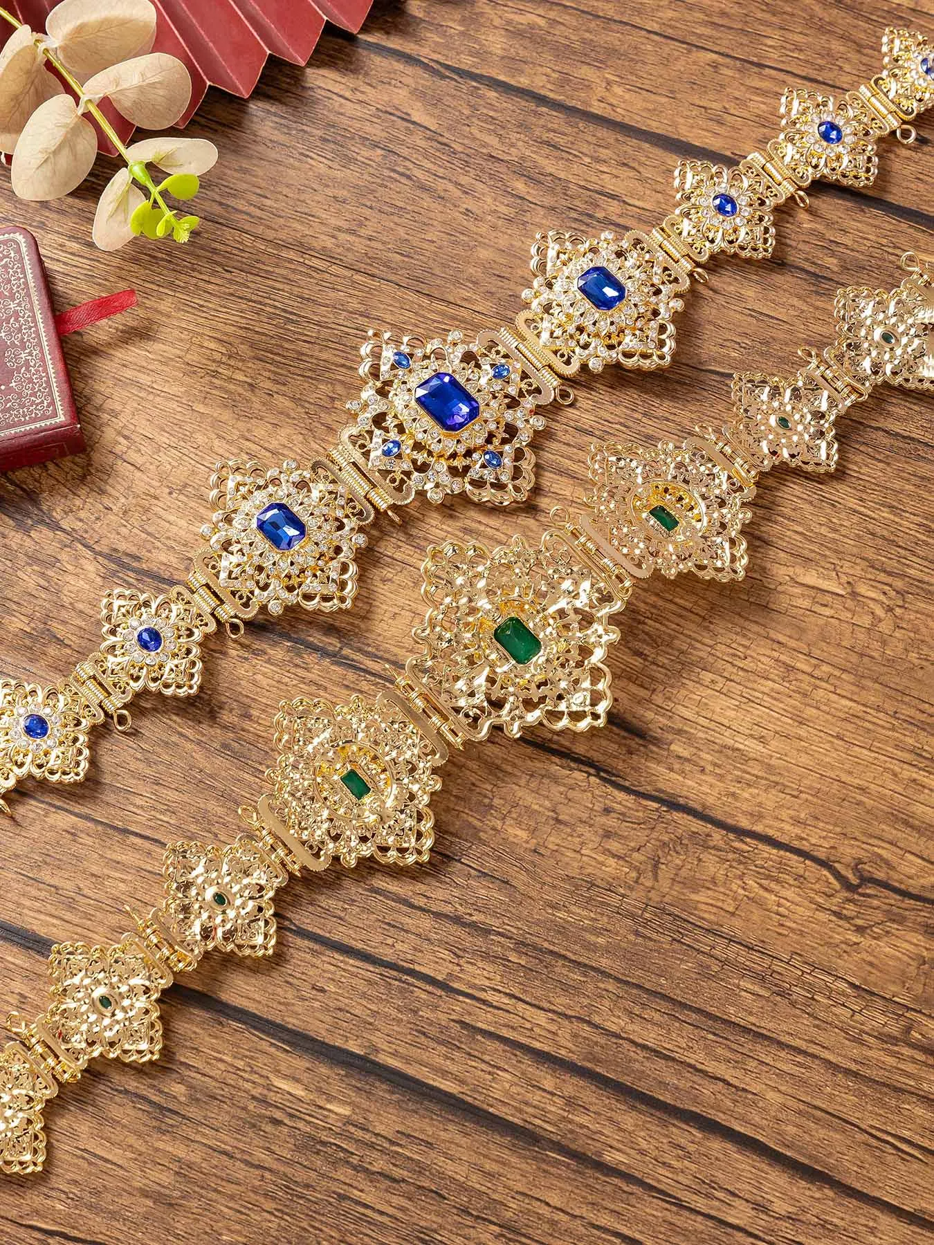 Luxury Gold Plated Belt with Hollow Carved Synthetic Gem Design Arab Bride Waist Chain Jewelry Accessory