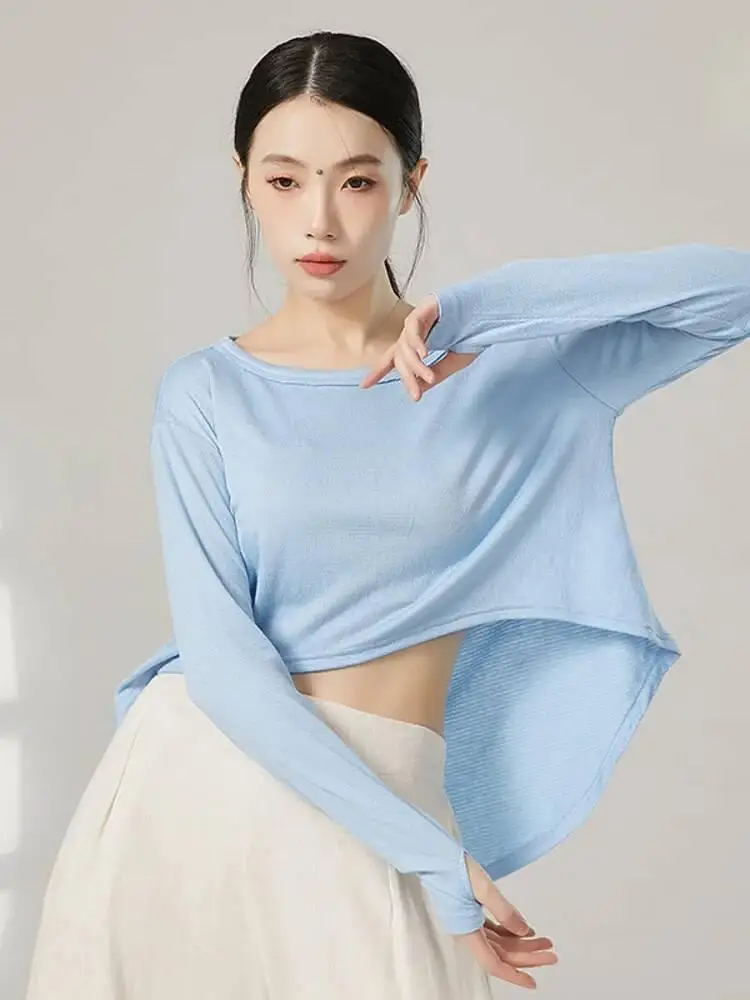 

Повседневная свободная танцевальная рубашка с круглым вырезом, однотонный топ большого размера с длинными рукавами для современного выступления на сцене, современная джазовая практика