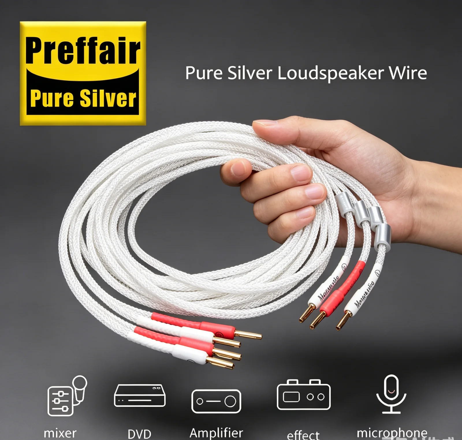 Pure Silver Hifi Speaker Cable 16Cores Pure Soild Silver Audiophile Speaker Wire with Pure Copper 24K Gold Plateed Banana Plug