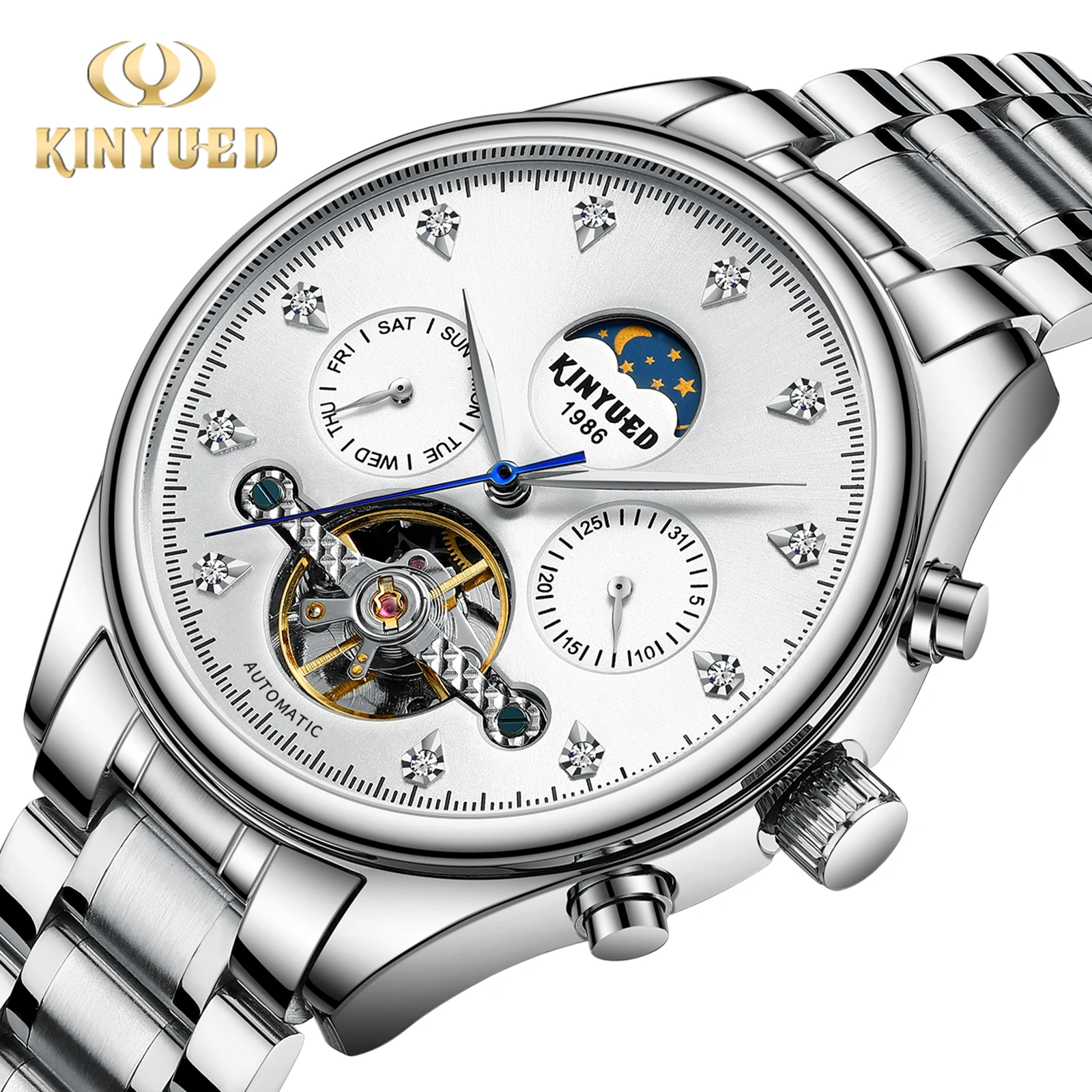 

Kinyued Mechanical Men Watch Luxury Stainless Steel Strap Flywheel Moon Phase Dial Wristwatch Waterproof Luminous Reloj De Moda