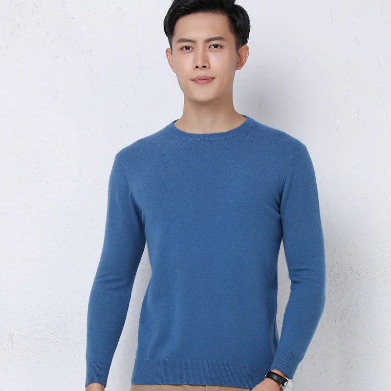 Autumn Winter Round Neck Solid 100 Wool Men\'s New Medium Thick Slim Fit Versatile Knitted Long Sleeve Sweaters Fashion Underlap