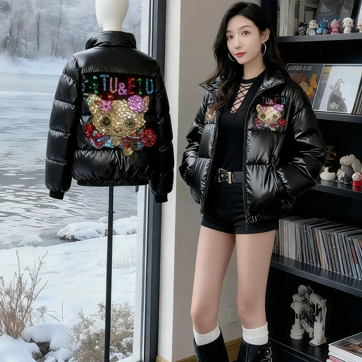 

Ladies' ort Loose Fit Cotton down Jaet Bright Diamond Feather Design Autumn Winter Warm Stand Collar No Wa Trendy