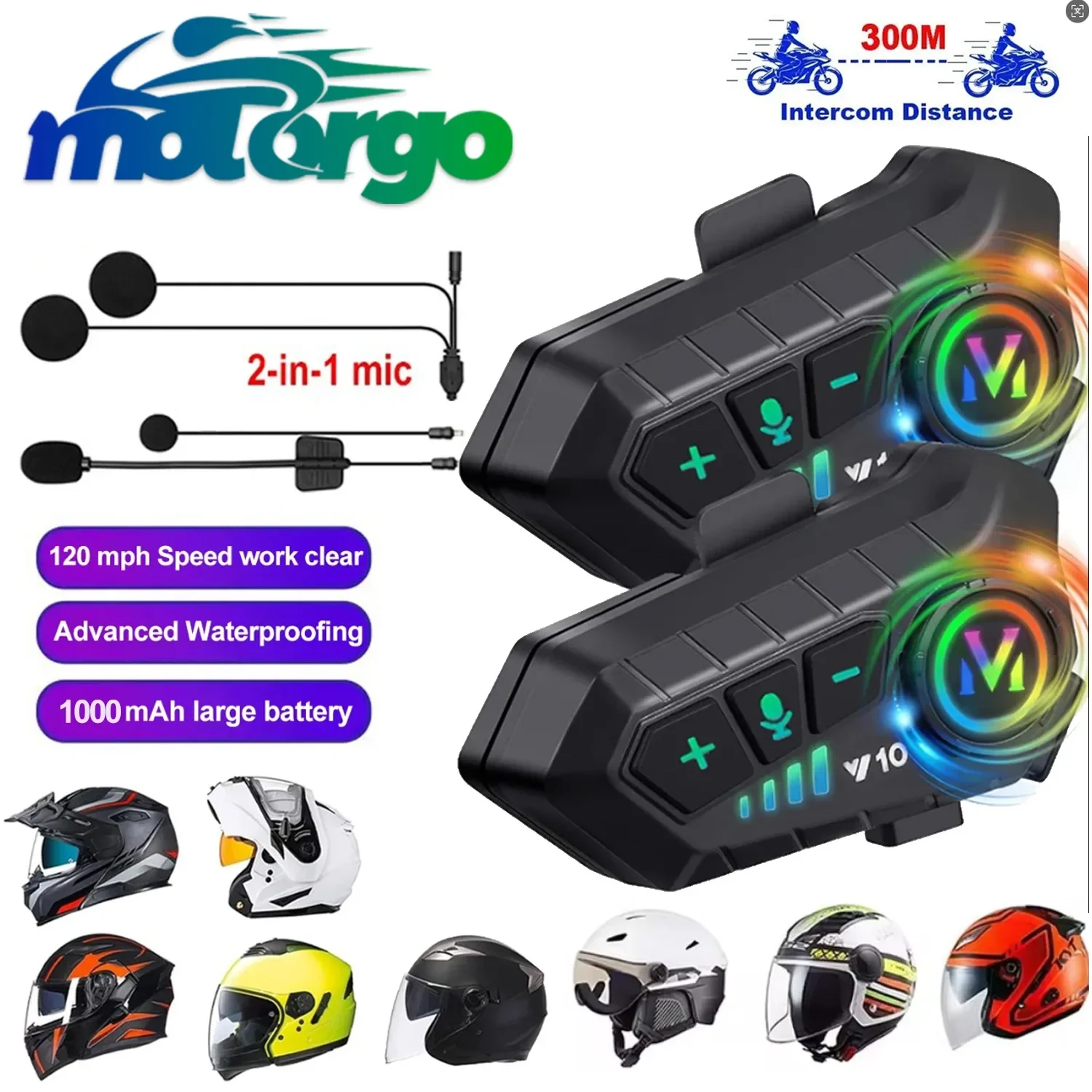 

Y10 2X Мотоциклетная Bluetooth-гарнитура с интеркомом, 48-часовой срок службы батареи, интеллектуальное шумоподавление, водонепроницаемость IPX6