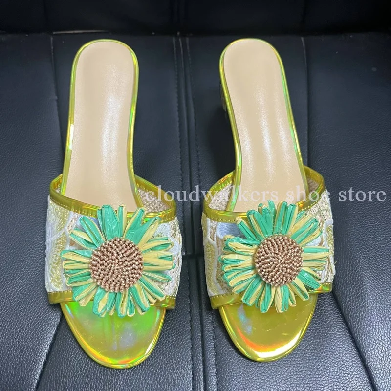 Iridescent Embroidery Upper Sunflower Embellished Summer Slipper Hand-Painted Flower Square Heel Playful Design Peep Toe Slipper view 3