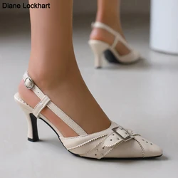 Slip On High Heels Ladies Pointed Toe Slingback Shoes Women Comfort 7.5 Heel Shoes Summer Office Pumps White Beige Zapatos Mujer