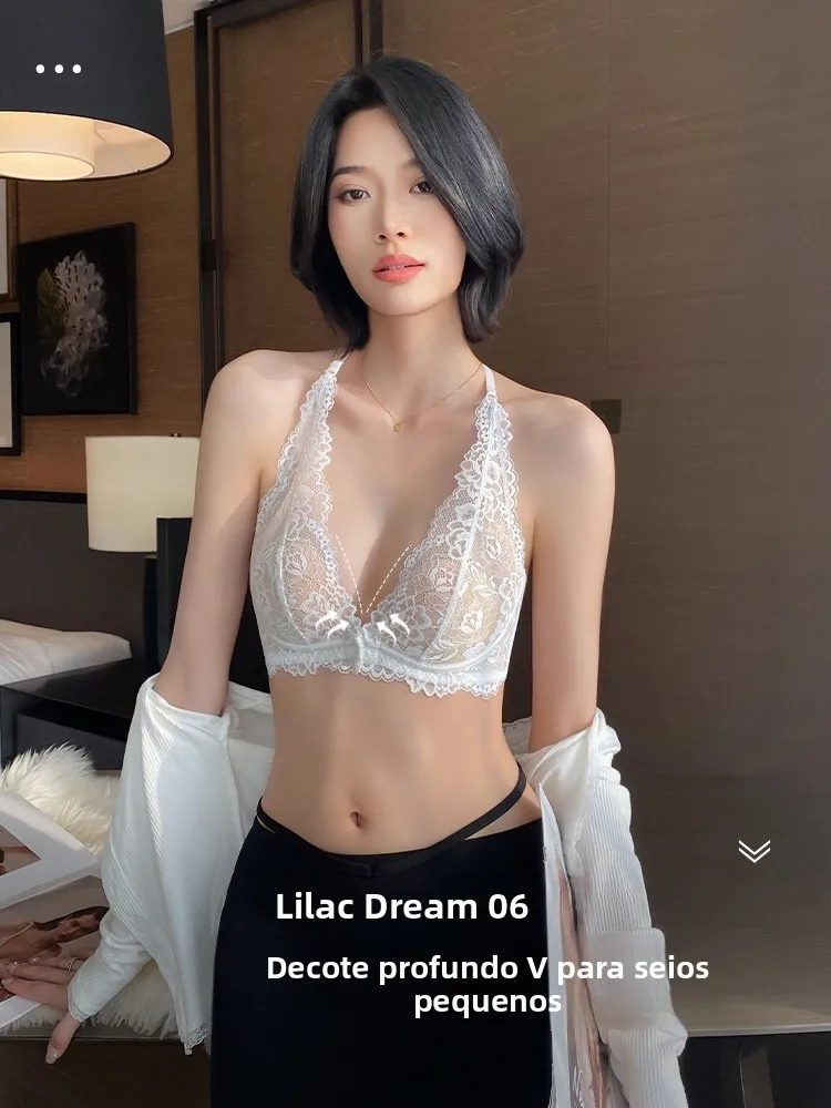 pure-desire-lace-bra-set-women's-no-wire-sexy-hanging-neck-beautiful-back-front-button-style-underwear-nylon-strap-breathable