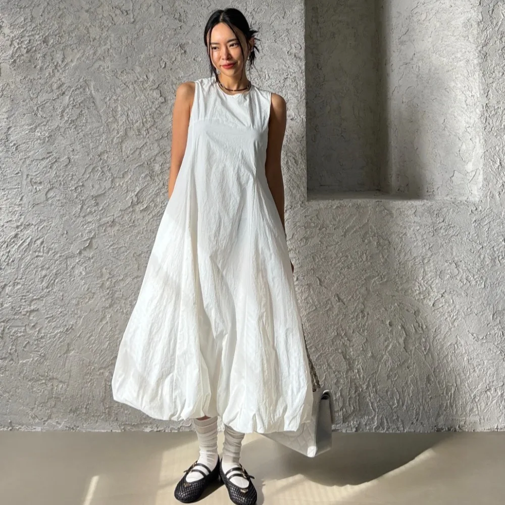 White Sleeveless Flower Bud Skirt Vest Dress Women Summer New Loose Long Dress Korean Style Casual Wear for Various Occasions