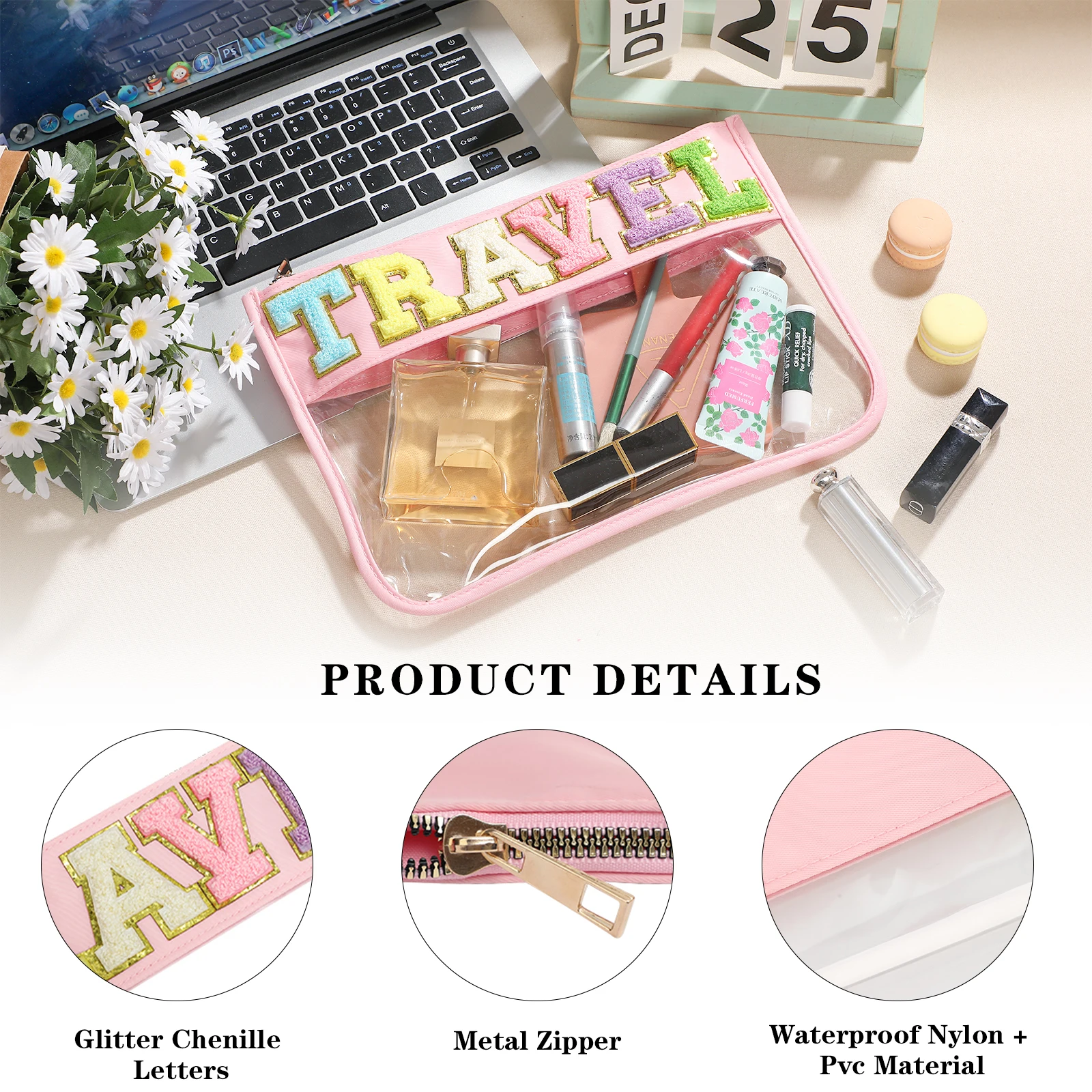 Transparent Cosmetic Bag Clear Nylon Flat Zipper Travel Pouch PVC Makeup Toiletry Bag Waterproof With Chenille Letter Patches