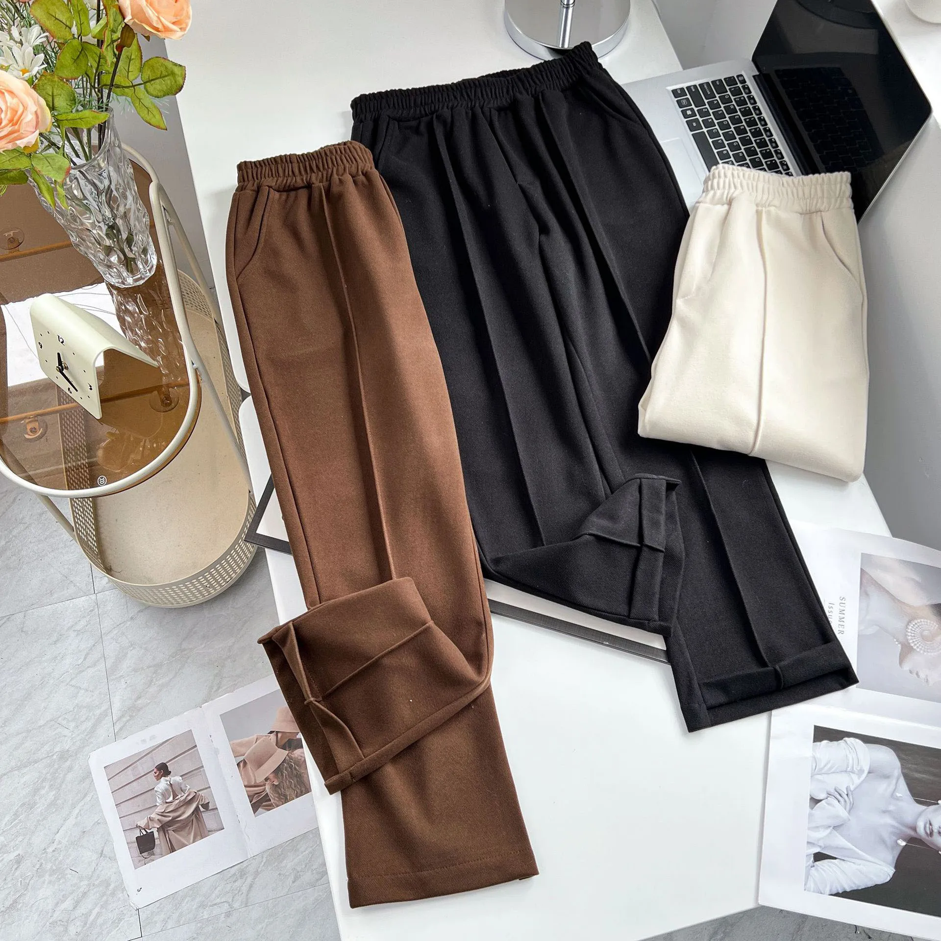 Pantalones de traje de lana de cintura alta gruesa para mujer, pantalones de traje de talla grande, pantalones casuales asimétricos con apertura de pierna, moda de otoño e invierno, 100kg