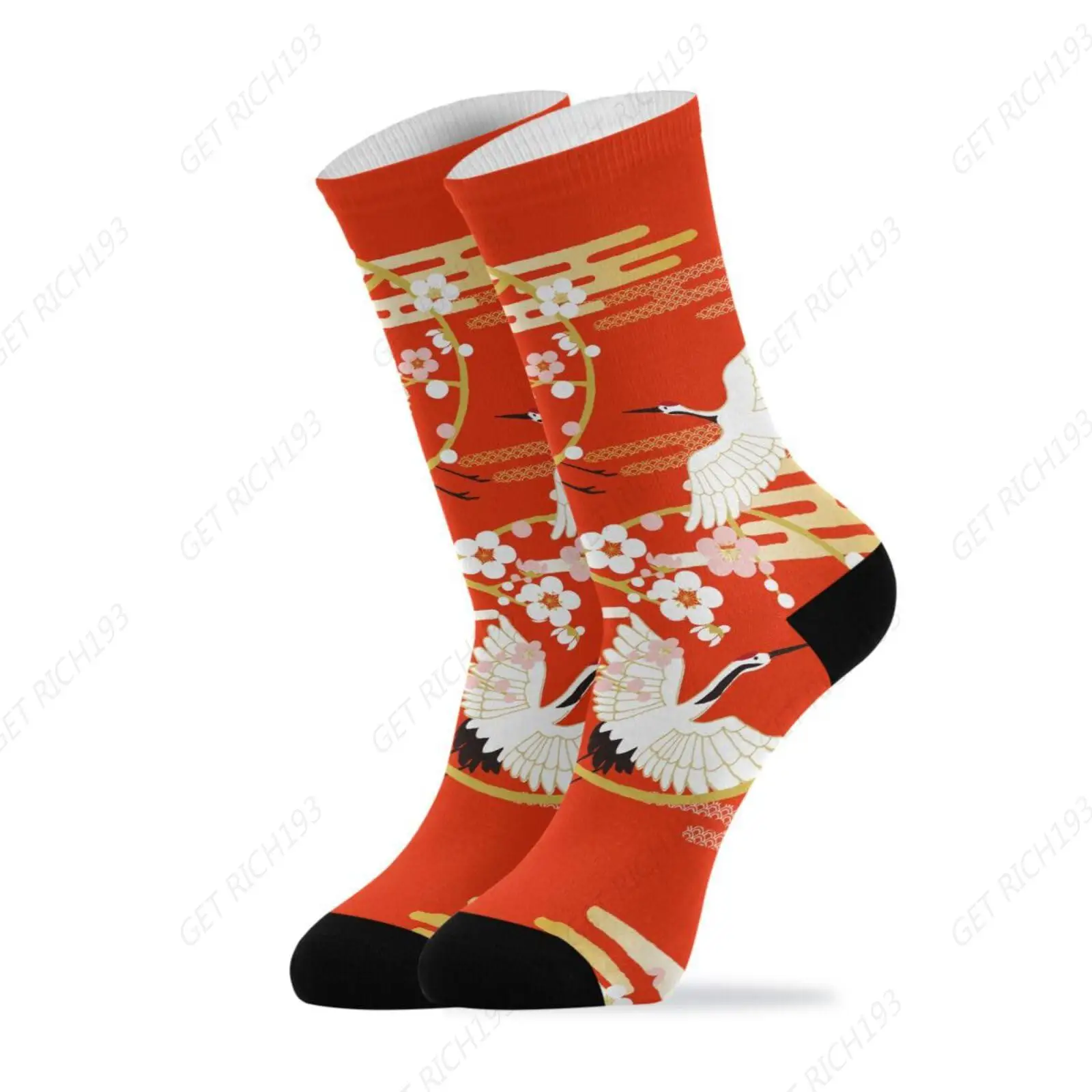 Happy New Year Japanese Crane Athletic Crew Socks Over The Calf Tube Socks Peformance Cushion For Men Women